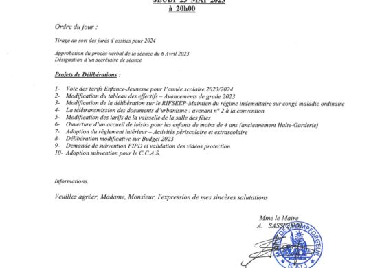 Ordre du jour Conseil Municipal du 25 Mai