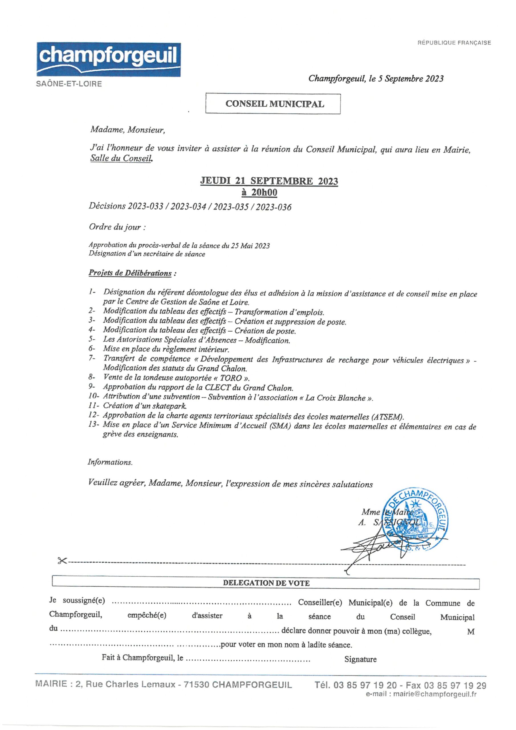 Conseil Municipal du 21 Septembre 2023