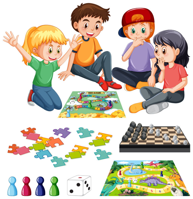 Set of children and board game