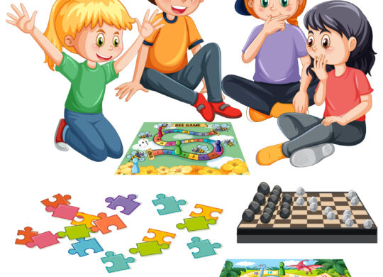 Set of children and board game illustration
