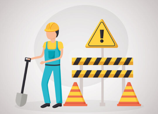 construction worker shovel barrier cone vector illustration